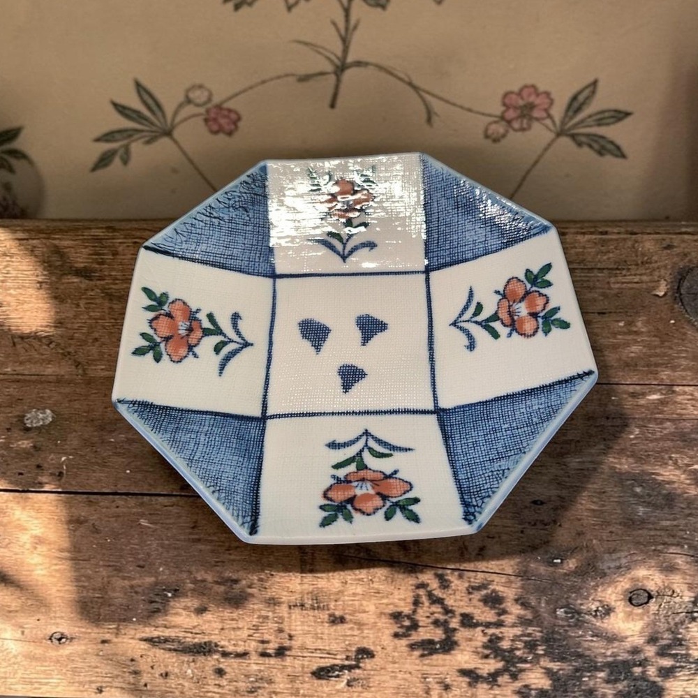 Octagonal Blue & White Floral Ceramic Bowl, Replacement Hand-painted Asian Decor